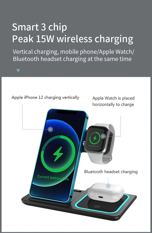 3-in-1 Wireless Charging Station – Foldable Pad for iPhone 15/14/13/12, Watch & AirPods