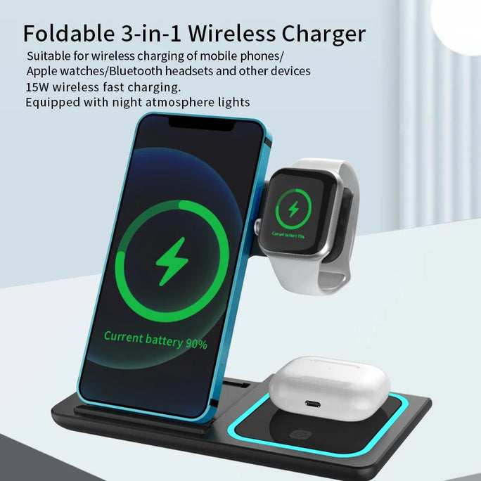 3-in-1 Wireless Charging Station – Foldable Pad for iPhone 15/14/13/12, Watch & AirPods